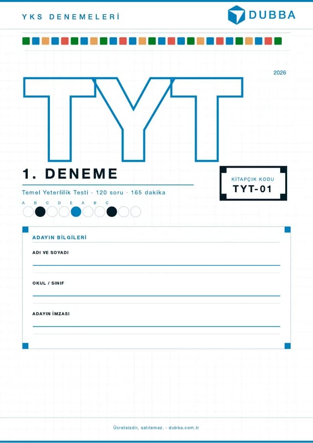dubba TYT 1. Deneme kitapçığının ön kapağı