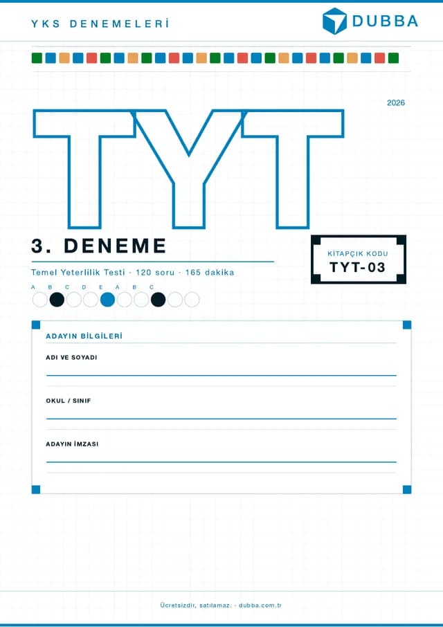 dubba TYT 3. Deneme kitapçığının ön kapağı