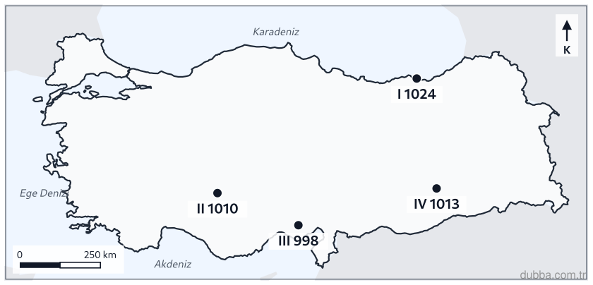Coğrafya — Doğal Sistemler ve Süreçler ünitesi: 12 Ocak’ta dört meteoroloji istasyonunda barometreyle kaydedilen hava basıncı (mb) değerleri ha