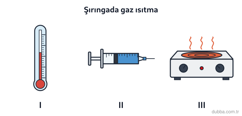 Kimya — Etkileşim ünitesi: Düzenekte SO2 ve O2 karışımı II numaralı pistonlu şırıngadadır; karışım III ile ısıtılır, I sıc