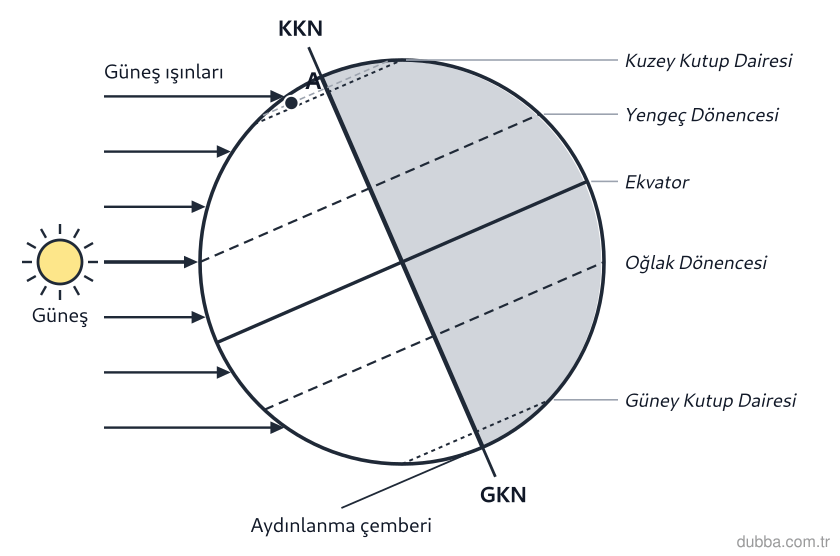Coğrafya — Doğal Sistemler ve Süreçler ünitesi: 21 Mart aydınlanma şemasında A noktası kutba yakın gündüz kenarındadır. Bu konumda fiyortlu kıy