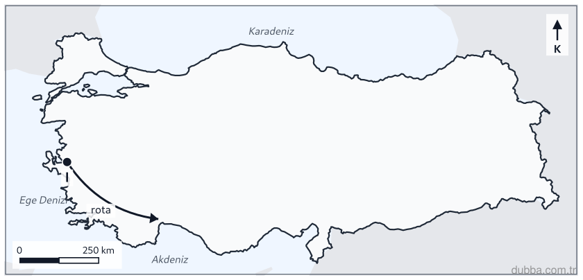 Coğrafya — Mekânsal Bilgi Teknolojileri ünitesi: Şekildeki Türkiye haritasında I ile gösterilen güzergâh, GPS’nin günlük hayattaki kullanım alan
