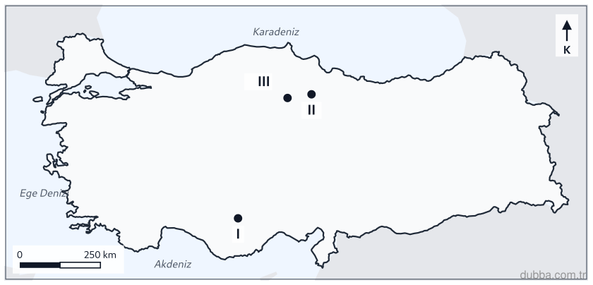 Coğrafya — Afetler ve Sürdürülebilir Çevre ünitesi: Şekilde I, II ve III ile işaretli yerlerden hangilerinde deprem tehlikesinin yüksek olması Kuze