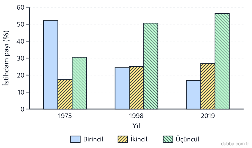 Coğrafya — Ekonomik Faaliyetler ve Etkileri ünitesi: Sütun grafiğinde 1975, 1998 ve 2019 yıllarına ilişkin istihdamın sektörel payları gösterilmişti