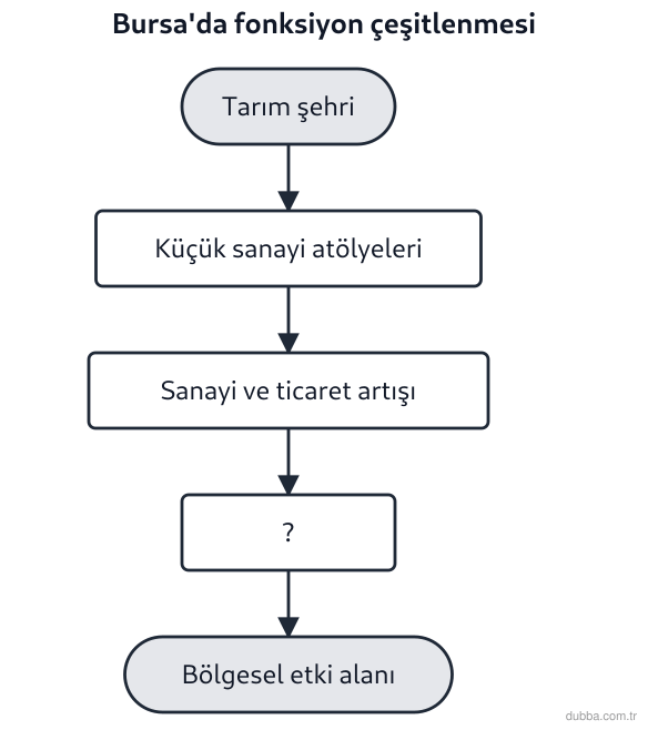 Coğrafya — Beşerî Sistemler ve Süreçler ünitesi: Bursa’daki yerleşmenin fonksiyon çeşitlenmesi şemasında boş bırakılan “?” basamağı aşağıdakiler