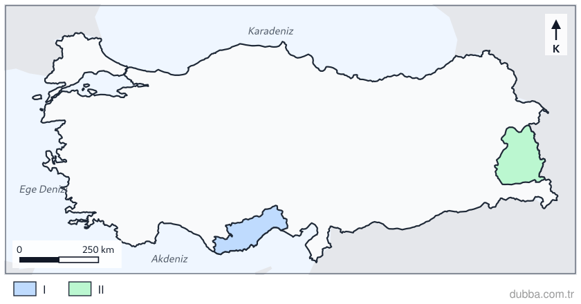 Coğrafya — Doğal Sistemler ve Süreçler ünitesi: 2022 meteoroloji bültenine göre haritadaki I numaralı taralı il ile II numaralı taralı ilde yıl