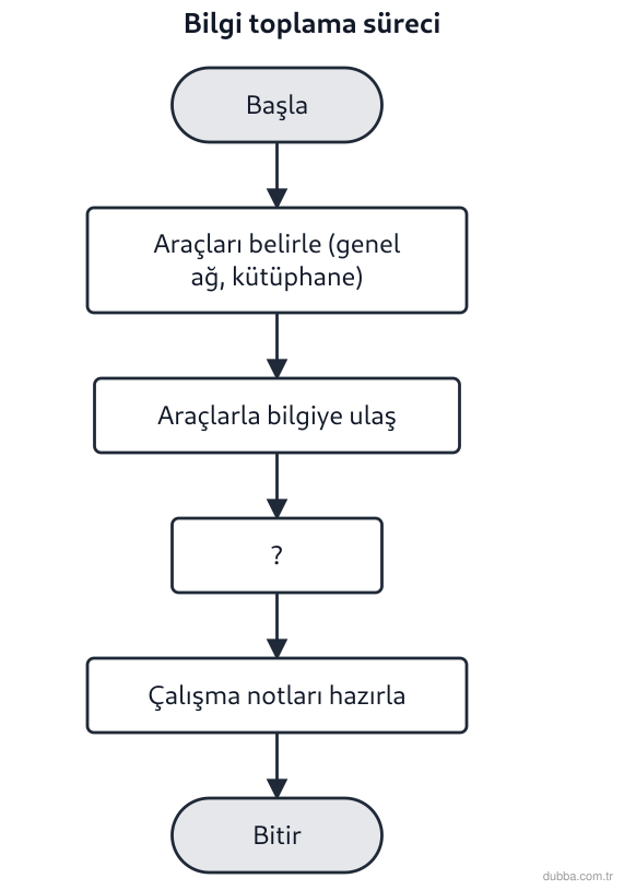 Coğrafya — Coğrafyanın Doğası ünitesi: Akış şemasında coğrafya biliminin gelişimi hakkında bilgi toplama sürecinin adımları verilmişti