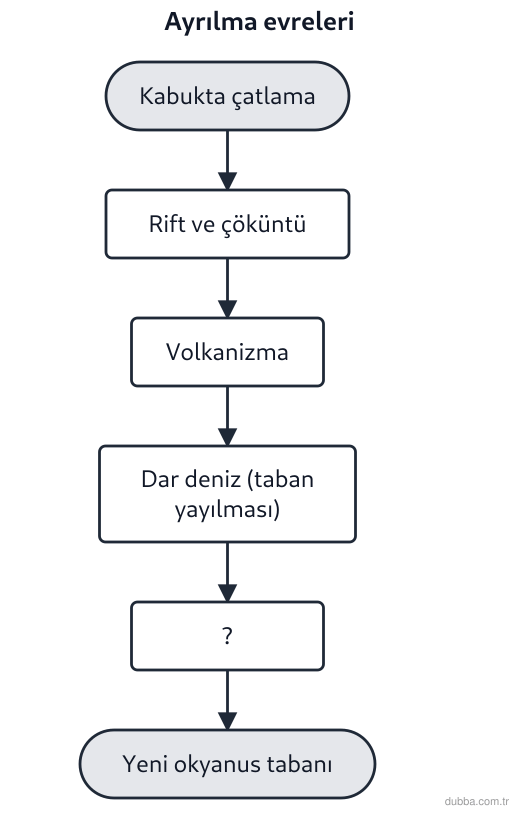 Coğrafya — Doğal Sistemler ve Süreçler ünitesi: Kaliforniya Körfezi’nin açılmasına giden ayrılma şemasında soru işareti hangi evreyi karşılar?