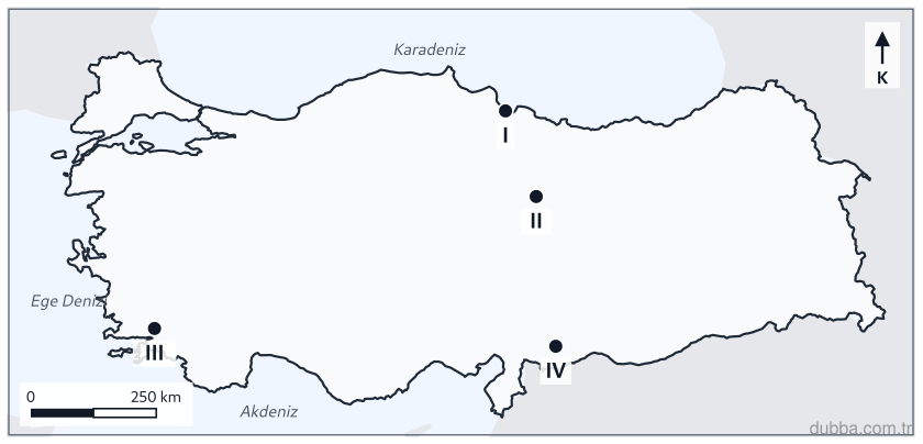 Coğrafya — Doğal Sistemler ve Süreçler ünitesi: Aşağıdaki haritada I–IV ile gösterilen merkezlerde bir kış günü yapılan ölçümler: I’de plüviyom