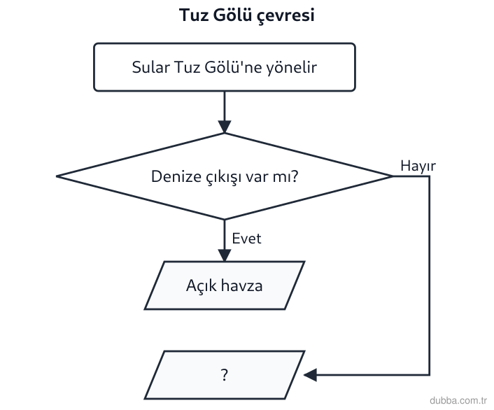 Coğrafya — Doğal Sistemler ve Süreçler ünitesi: Tuz Gölü çevresinde toplanan sular denize çıkmadan gölde sonlanır. Şemada bu durum “?” kutusuna