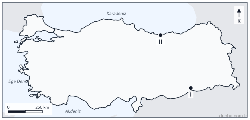 Coğrafya — Doğal Sistemler ve Süreçler ünitesi: Mardin istasyonu I, Giresun istasyonu II olarak işaretlendiğinde bu iki alanda yıllık güneşlenm