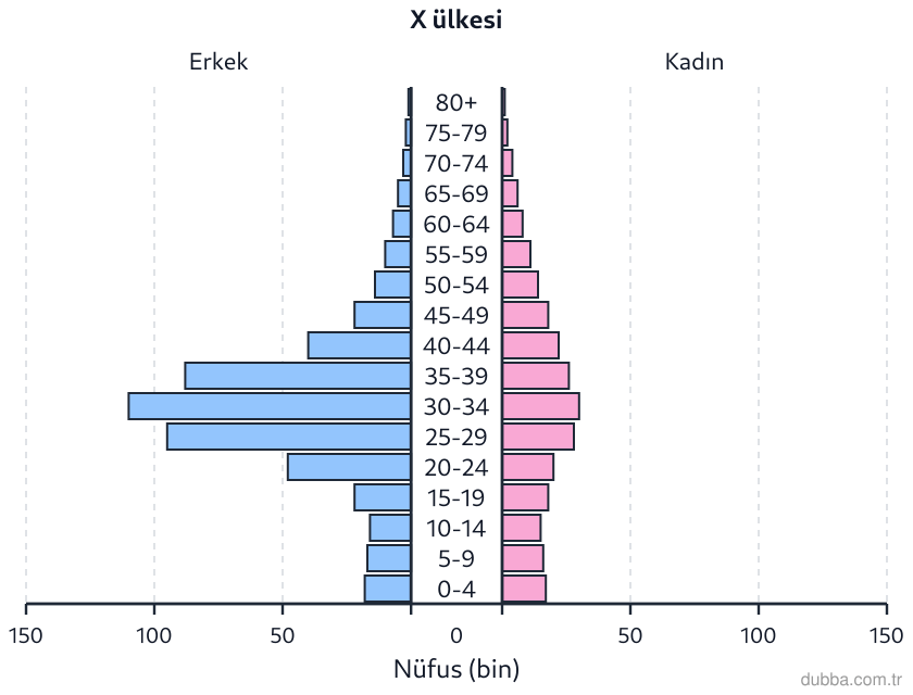 Coğrafya — Beşerî Sistemler ve Süreçler ünitesi: Piramitte X ülkesinin yaş-cinsiyet yapısı verilmiştir. Bu yapıyla ilgili aşağıdaki yargılardan