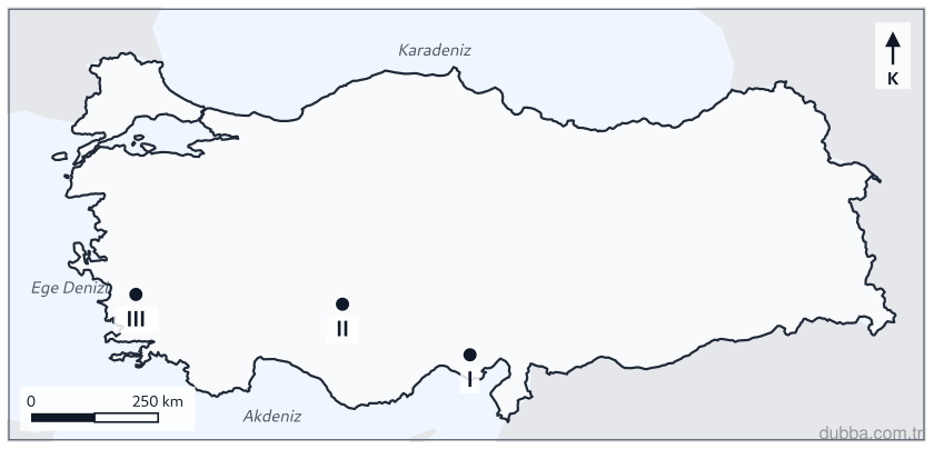 Coğrafya — Doğal Sistemler ve Süreçler ünitesi: Haritada I, II ve III ile işaretlenen alanlardan hangisinde alüvyal ova koşulları tarımı ve yer