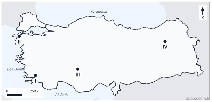 Coğrafya — Doğal Sistemler ve Süreçler ünitesi: Türkiye haritasında I–IV numaralarıyla işaretlenen merkezlerde yeryüzü şeklinin ekonomik faaliy