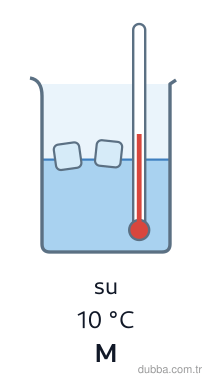 Fizik — Enerji ünitesi: Termal olarak yalıtılmış kaptaki 10 °C suya 0 °C buz bırakılıyor. Hangisi ısıl denge ile bağdaş