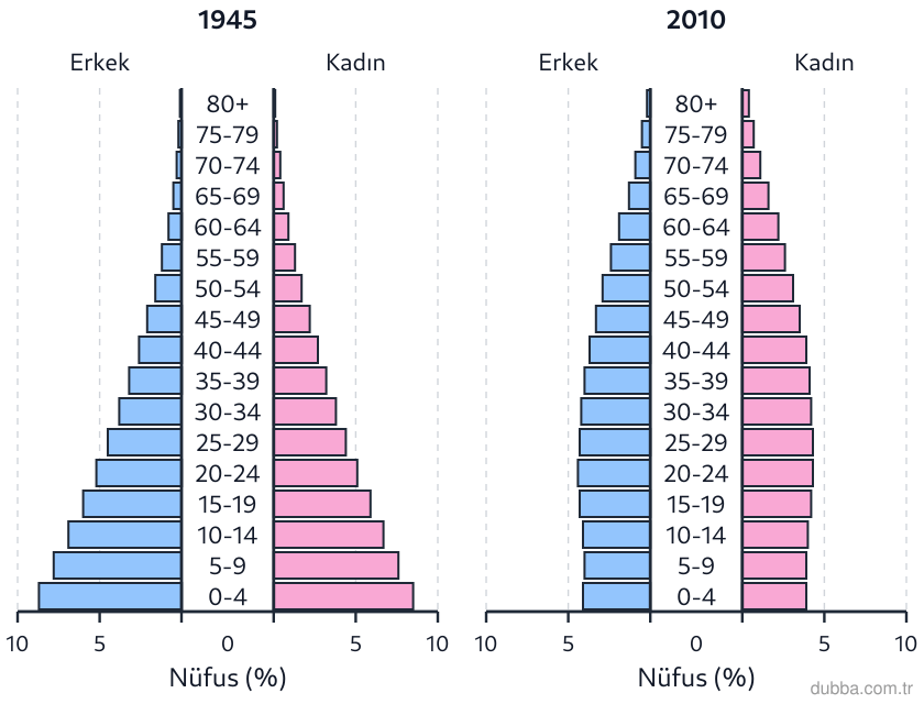 Coğrafya — Beşerî Sistemler ve Süreçler ünitesi: 1945 ve 2010 yıllarına ait nüfus piramitleri verilen ülkede yaşlanma ve dönüşüm evreleri için a