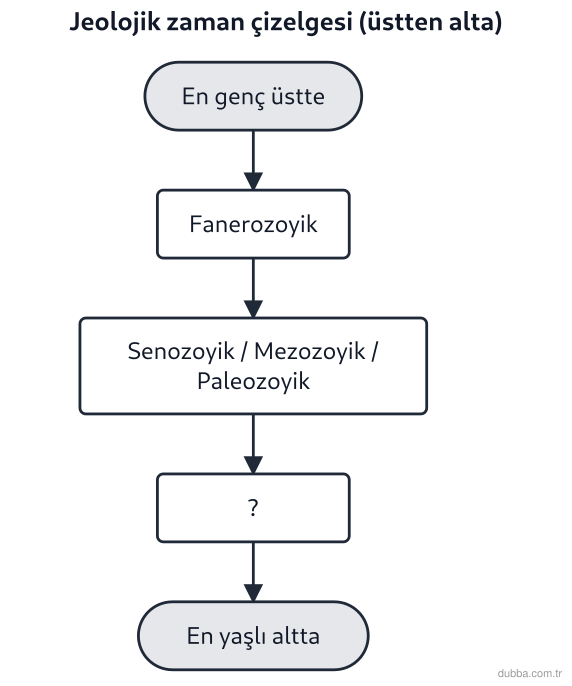 Coğrafya — Doğal Sistemler ve Süreçler ünitesi: Akış şeması jeolojik zaman çizelgesinin üstten alta yapılandırılışını göstermektedir. “?” ile b