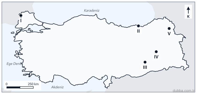 Coğrafya — Mekânsal Bilgi Teknolojileri ünitesi: Ulusal saatimiz 45° doğu meridyenine göre düzenlenmiştir. Haritada I–V ile gösterilen illerden 