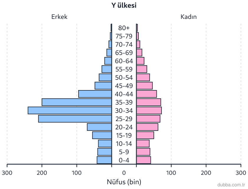Coğrafya — Beşerî Sistemler ve Süreçler ünitesi: Yandaki piramitte 25-39 yaş aralığında erkek çubukları kadınlara göre belirgin biçimde geniştir