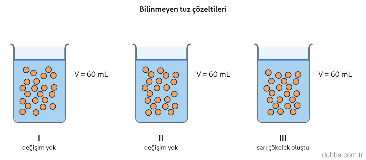 Kimya — Etkileşim ünitesi: Şekildeki I, II ve III kaplarında kimliği bilinmeyen tuz çözeltileri vardır. Üçüne de az miktar