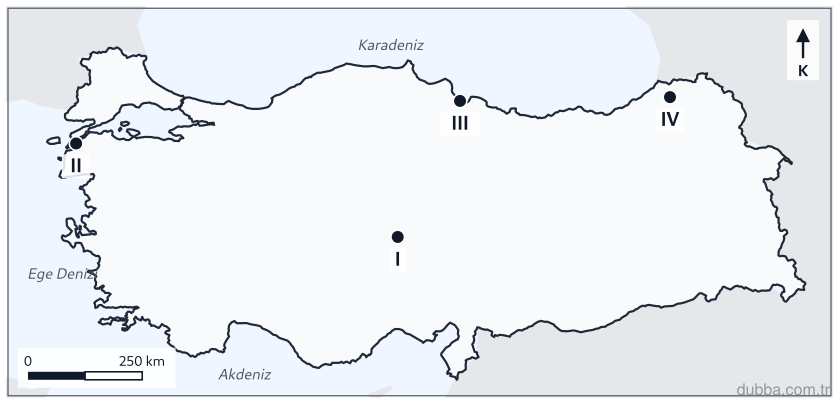 Coğrafya — Doğal Sistemler ve Süreçler ünitesi: Türkiye fiziki haritasında I, II, III ve IV ile gösterilen merkezler belirlenmiştir. Yer şekill