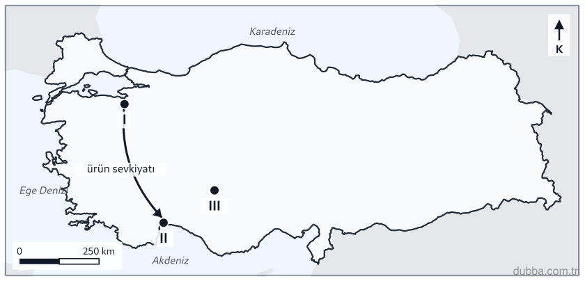 Coğrafya — Mekânsal Bilgi Teknolojileri ünitesi: Aşağıdaki Türkiye haritasında ok, tarımsal ürün sevkiyatını göstermektedir. Sevkiyat yönü hangi