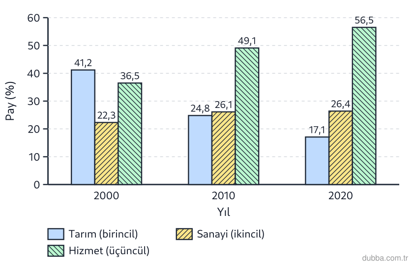 Coğrafya — Ekonomik Faaliyetler ve Etkileri ünitesi: Sütun grafiğinde 2000, 2010 ve 2020 yıllarına ait istihdam payları verilmiştir. Üçüncül sektör 