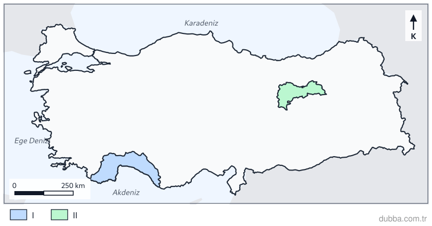 Coğrafya — Doğal Sistemler ve Süreçler ünitesi: Haritada taralı I bölgesi (Alanya çevresi) ile II bölgesi (Erzincan çevresi) arasında yıllık or