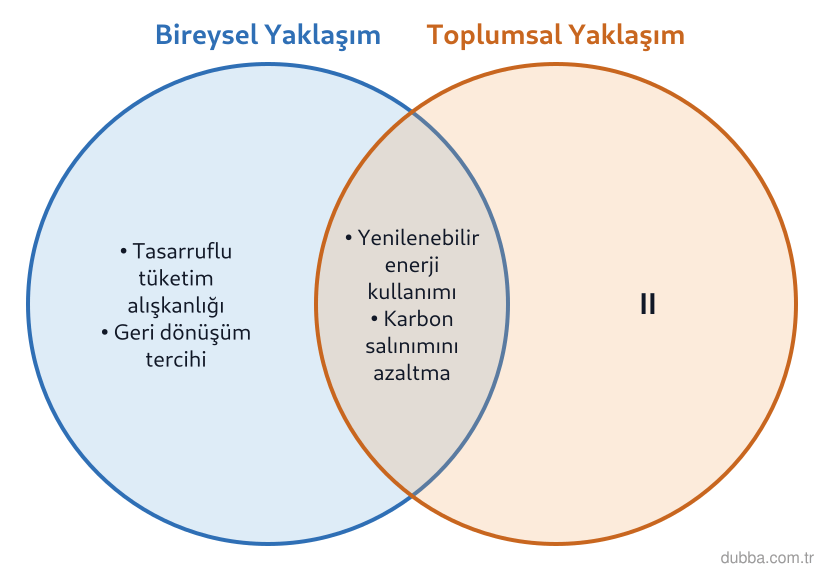 Biyoloji — Ekoloji ünitesi: Aşağıdaki Venn şemasında ekolojik ayak izini azaltmaya yönelik iki farklı yaklaşım ve bu yaklaş