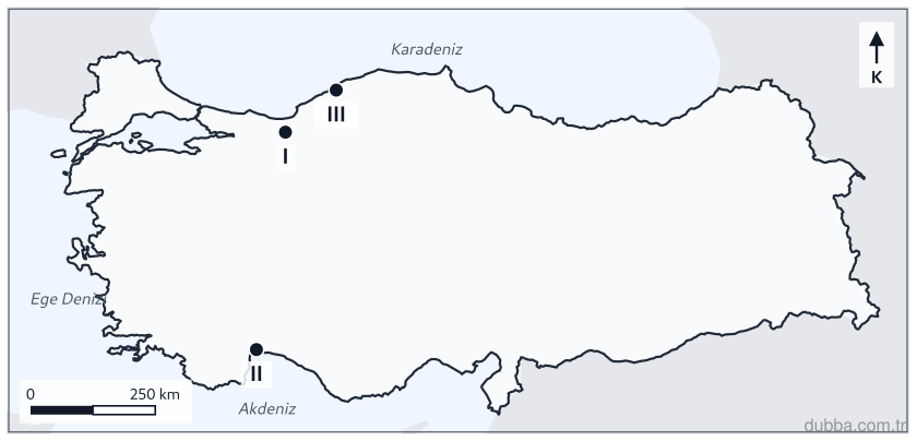 Coğrafya — Afetler ve Sürdürülebilir Çevre ünitesi: Haritada I, II ve III numaralı merkezlerin jeolojik-jeomorfolojik konumları dikkate alındığında