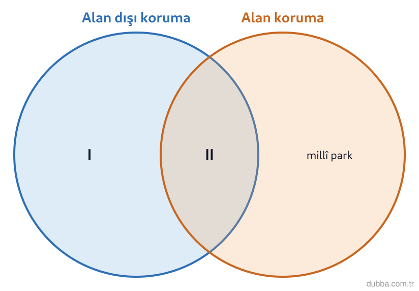 Biyoloji — Ekoloji ünitesi: Şemada I numaralı bölge yalnızca alan dışı koruma (ex-situ) uygulamalarını, II numaralı bölge i