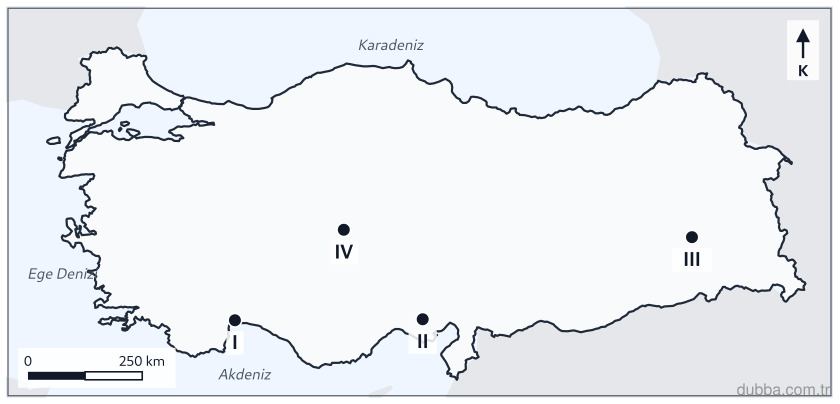 Coğrafya — Doğal Sistemler ve Süreçler ünitesi: Haritada işaretli dört yerden hangisinde yer şekli ile ekonomik faaliyet doğru eşleştirilmiştir
