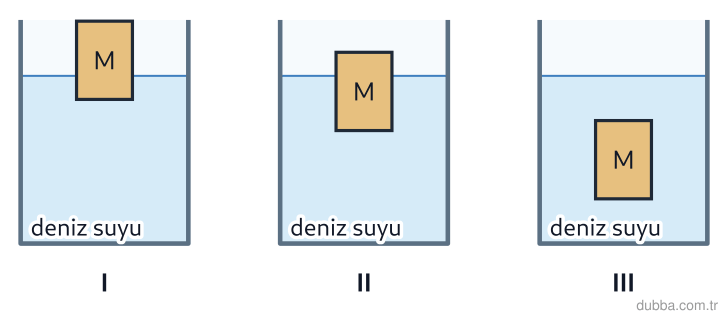 Fizik — Akışkanlar ünitesi: Deniz suyu dolu kapta yüzen M şişesi I. durumda dengededir. II. durumda kısmen, III. durumda ta