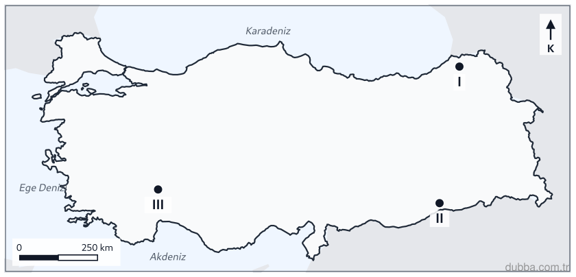 Coğrafya — Beşerî Sistemler ve Süreçler ünitesi: Aşağıdaki haritada I Artvin, II Mardin, III Isparta’yı göstermektedir. Köy altı yerleşmelerin d