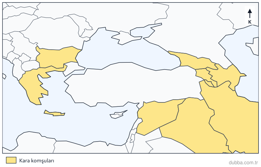 Coğrafya — Mekânsal Bilgi Teknolojileri ünitesi: 2024 MEB atlas haritasında taralı devletler Türkiye’nin kara komşularıdır. Göreceli konum bilgi