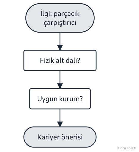 Fizik — Fizik Bilimi ve Kariyer Keşfi ünitesi: Akış şemasında öğrencinin ilgisi “parçacık çarpıştırıcıları ve temel parçacıklar” olarak verilm