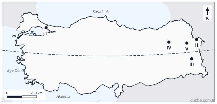 Coğrafya — Mekânsal Bilgi Teknolojileri ünitesi: Türkiye ulusal saati 45°D meridyenine (+3) göre ayarlanmıştır. Aşağıdaki illerden hangisinde ye