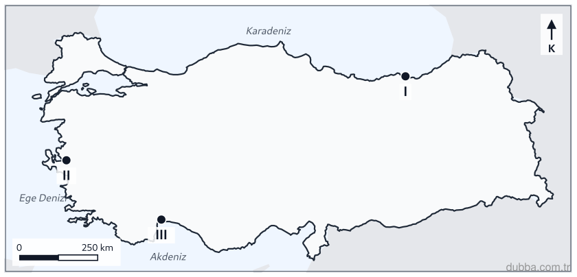 Coğrafya — Doğal Sistemler ve Süreçler ünitesi: Türkiye kıyı haritasında I, II ve III ile gösterilen kesimlerden hangilerinde dalga ve kıyı akı