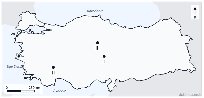 Coğrafya — Beşerî Sistemler ve Süreçler ünitesi: Haritadaki numaralı noktalar önemli höyük yerleşmelerine aittir. Bu höyüklerin doğru sıralaması
