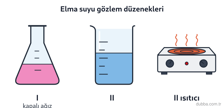 Kimya — Etkileşim ünitesi: Şekildeki I ve II düzenekleri elma suyundaki kimyasal değişimleri izlemek için kurulmuştur. I. 