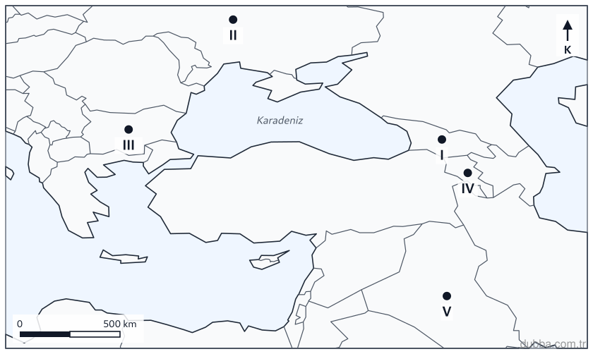 Coğrafya — Mekânsal Bilgi Teknolojileri ünitesi: Türkiye Çevresi haritasında I–V ile gösterilen devletlerden hangisi kara sınırı paylaşmadığı ha