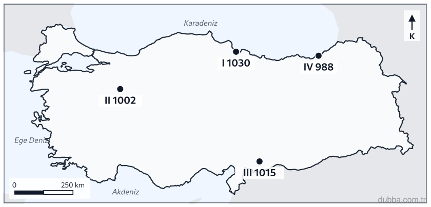 Coğrafya — Doğal Sistemler ve Süreçler ünitesi: Haritada Samsun, Eskişehir, Gaziantep ve Rize’de aynı saatte ölçülen basınçlar I–IV ile gösteri