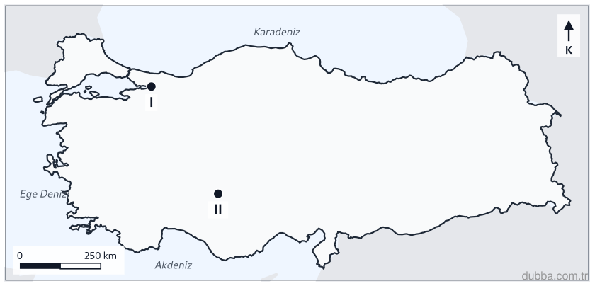 Coğrafya — Afetler ve Sürdürülebilir Çevre ünitesi: Haritada I ve II ile işaretlenen iller karşılaştırıldığında, I numaralı alanda afet riskinin da