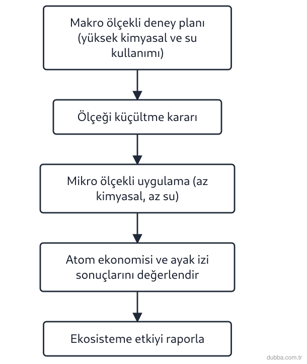 Kimya — Sürdürülebilirlik ünitesi: Akış şeması, makro ölçekli bir deneyin mikro ölçeğe dönüştürülme sürecini ve bu dönüşümün ekosi