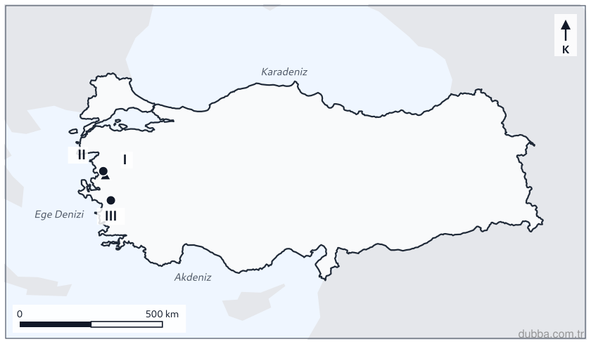 Coğrafya — Doğal Sistemler ve Süreçler ünitesi: İzmir Körfezi kuzeyindeki yükselim ve çöküntü alanlarını işaretleyen haritada I, II ve III için