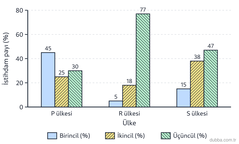 Coğrafya — Ekonomik Faaliyetler ve Etkileri ünitesi: 2022 yılına ait grafikte P, R ve S ülkelerinin tarım, sanayi ve hizmet sektörlerindeki çalışan