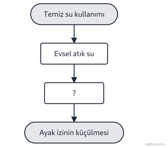 Biyoloji — Ekoloji ünitesi: Çizimdeki soru işaretli basamak, sürdürülebilir su kullanımında ekolojik ayak izini küçültmeye 