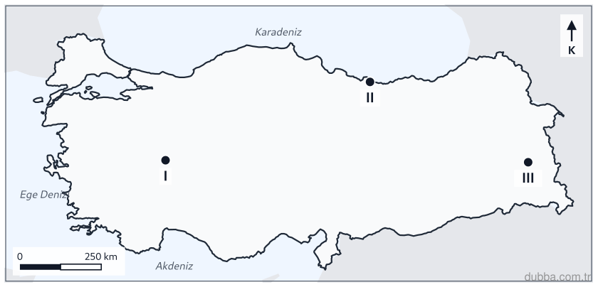 Coğrafya — Doğal Sistemler ve Süreçler ünitesi: Haritada I, II ve III ile işaretlenen merkezler sırasıyla iç plato, Karadeniz kıyısı ve Doğu An