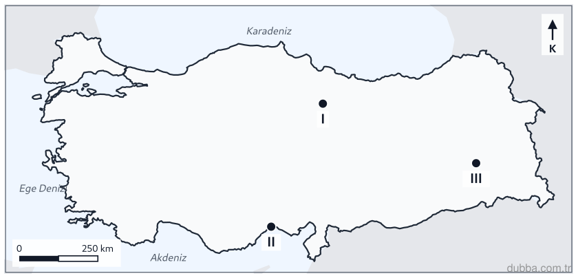 Coğrafya — Afetler ve Sürdürülebilir Çevre ünitesi: Haritadaki I, II ve III merkezlerinin konumları (fay kuşağı, açık kıyı, yüksek dağlık alan) göz