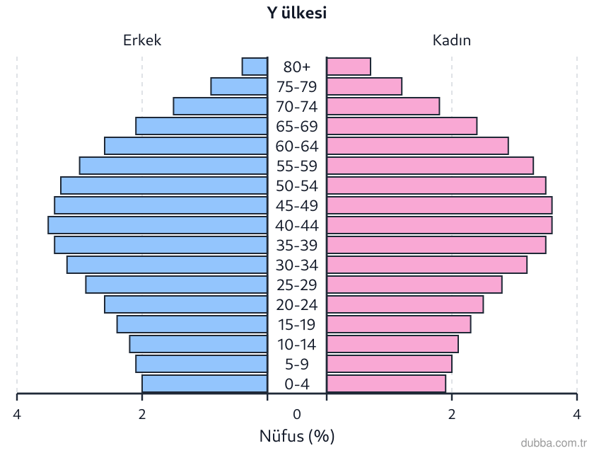 Coğrafya — Beşerî Sistemler ve Süreçler ünitesi: Grafikte Y ülkesinin yaş-cinsiyet dağılımı verilmiştir. Bu ülkenin demografik yapısı ve uygulam